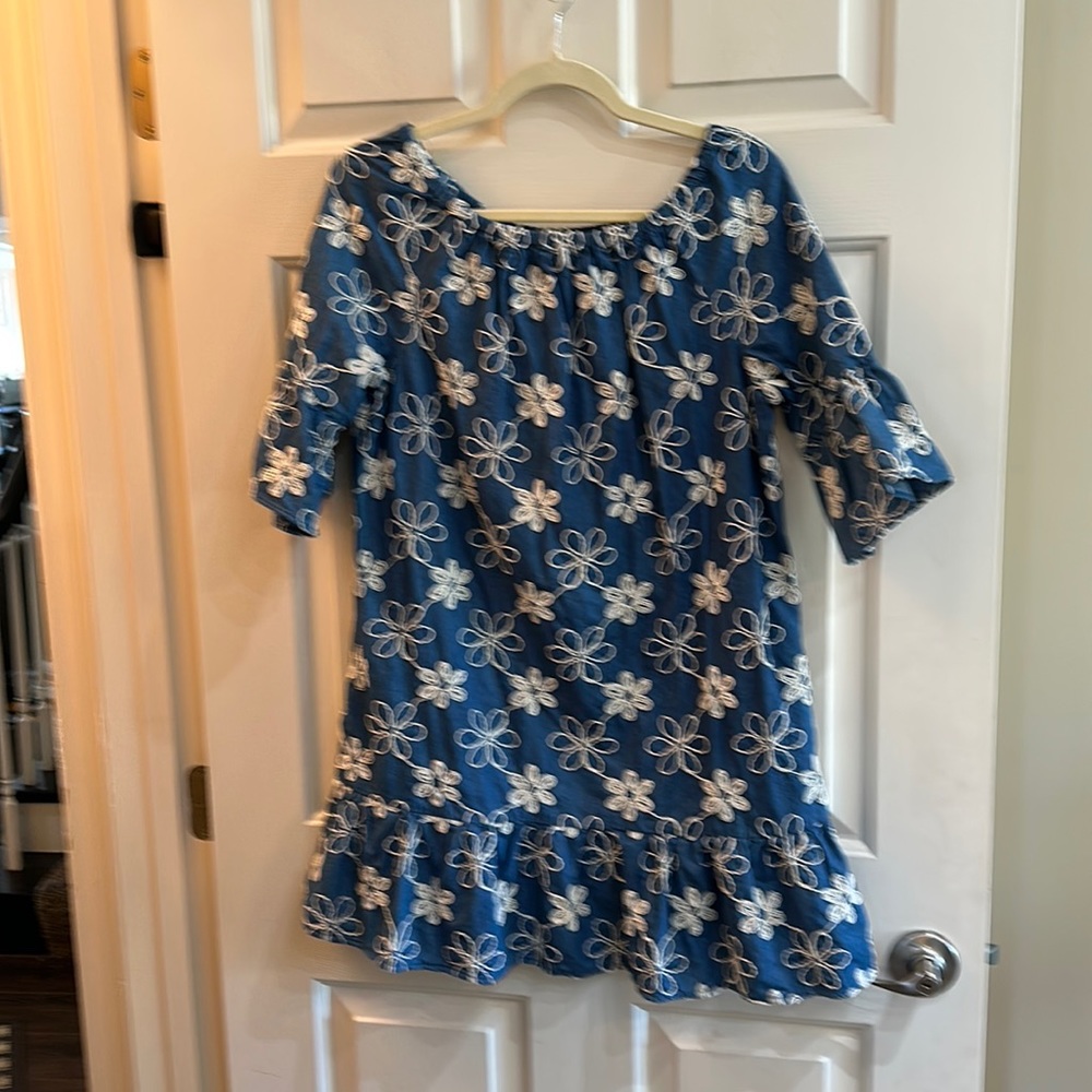 Ice Blue Chambray Floral Embroidered Dress